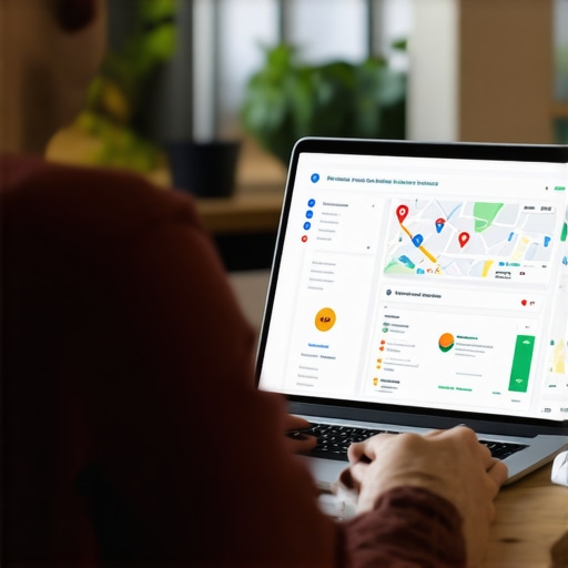 Business owner analyzing Google My Business profile on laptop with maps and analytics.