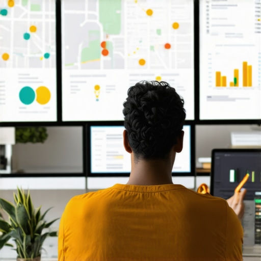 Digital marketer reviewing local SEO analytics on multiple monitors.