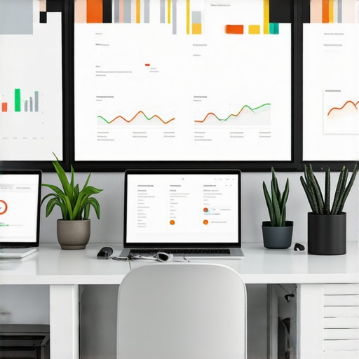 Workspace with SEO analytics dashboards on computer screens
