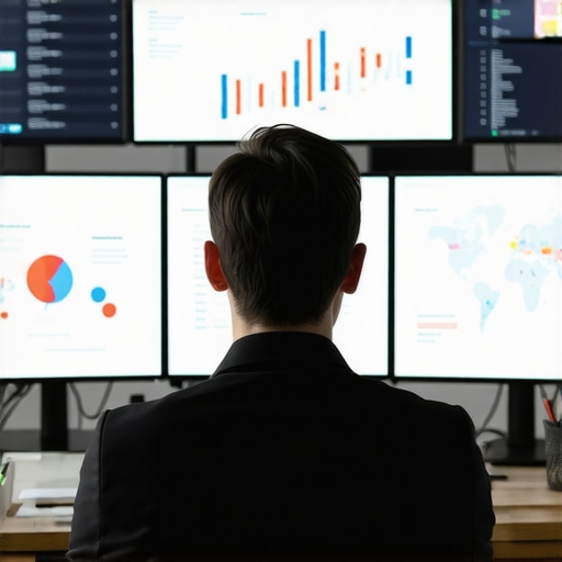 Person analyzing local SEO data and maps on multiple screens in a modern office environment