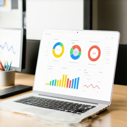 A desk with a laptop showing local SEO analytics dashboards used for tracking Google Maps rankings.