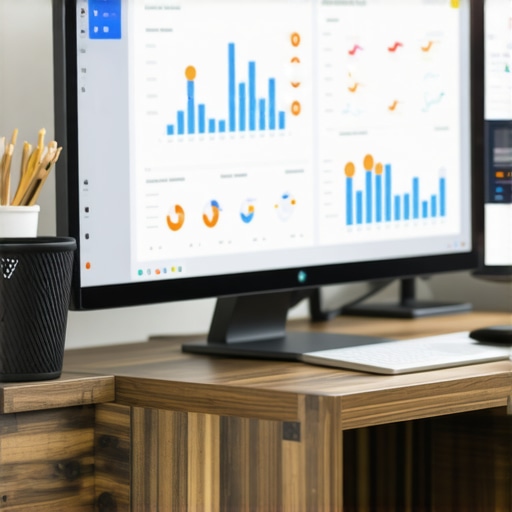 A workspace setup with screens displaying local SEO analytics and maps.