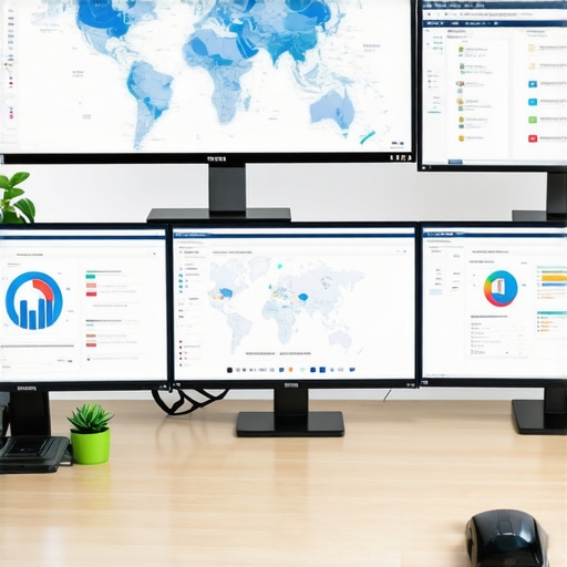 SEO tools workspace A desk with monitors showing local SEO analytics, maps, and citations managing tools.