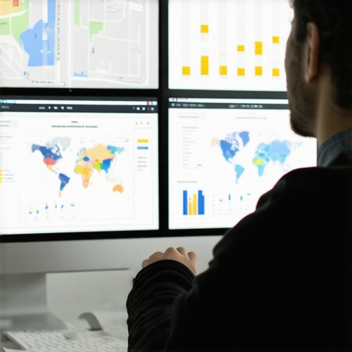 Digital marketer reviewing local SEO dashboard with maps and performance graphs