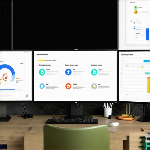 Screens showing local SEO monitoring, citation management, and schema markup tools on a desk.