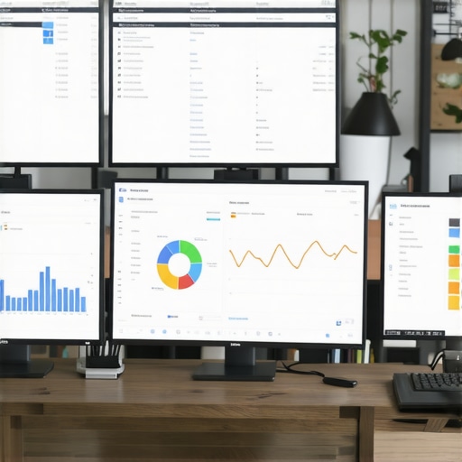 A professional SEO workspace featuring screens with local SEO data and analytics tools.