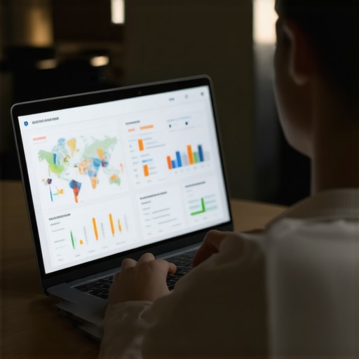 Person reviewing SEO analytics on a laptop showing maps and graphs