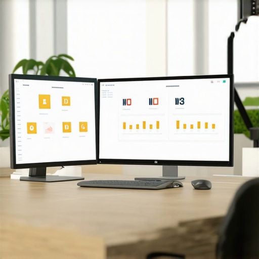 Computer screens displaying local SEO tools like rank tracking, citation management, and review monitoring.