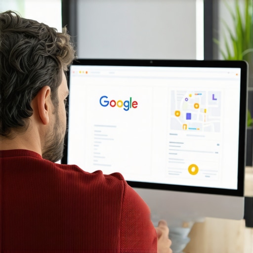 Business owner editing GMB profile with local landmarks in background.