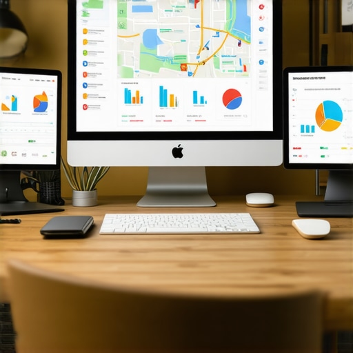 A digital workspace showing laptops with SEO analytics and maps, representing ongoing map ranking maintenance.