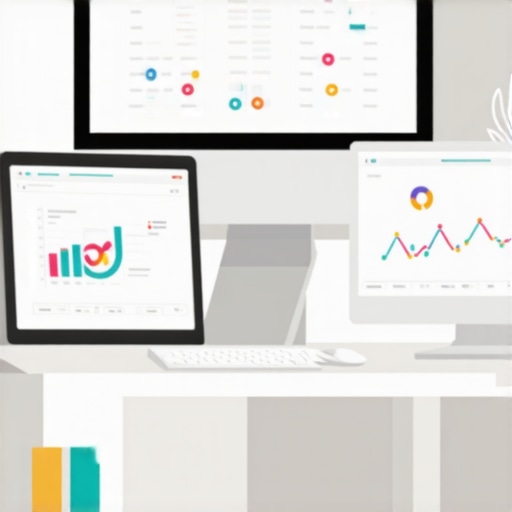 A modern workspace with multiple computer screens displaying SEO and analytics tools for local map ranking maintenance.